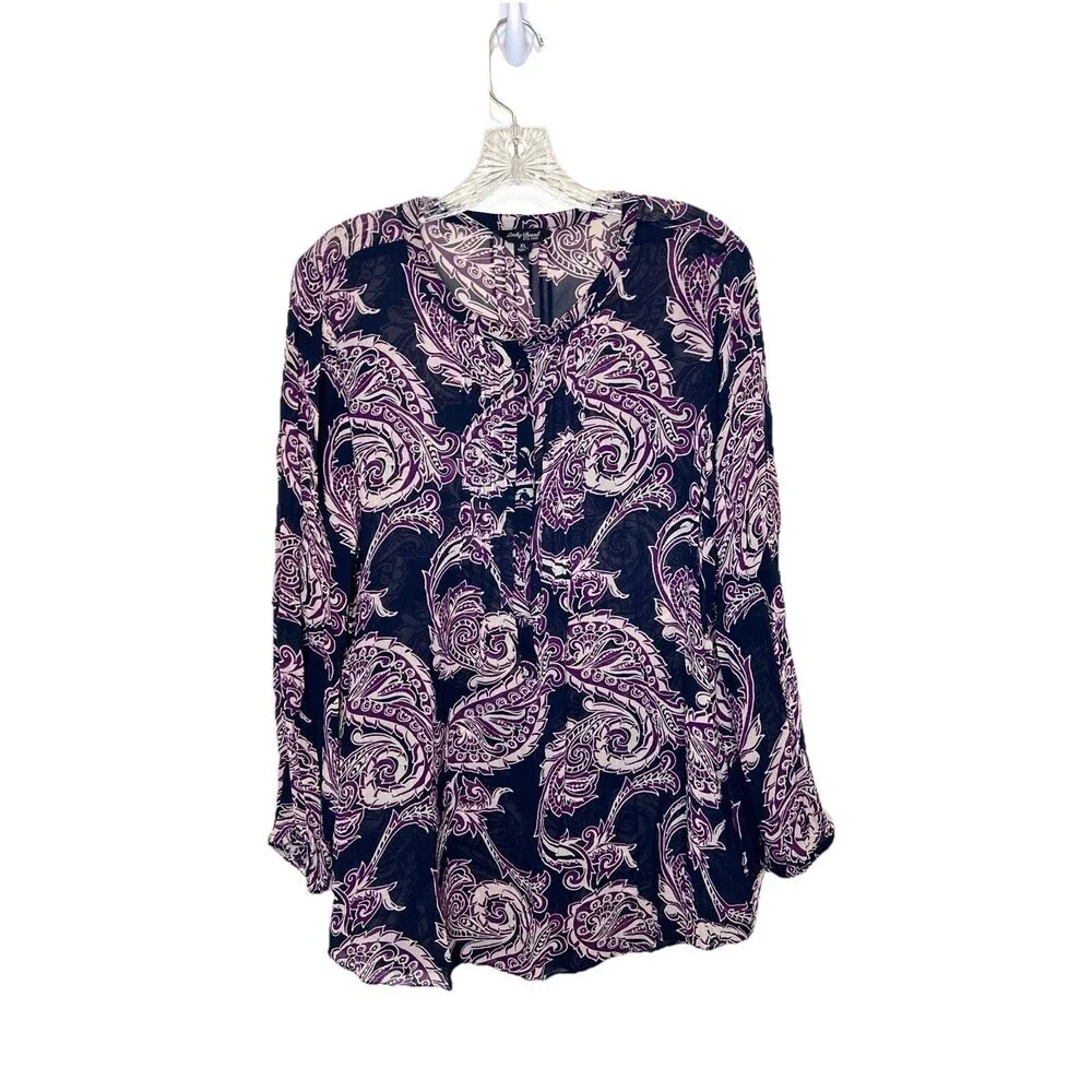 Lucky Brand Navy Paisley‎ Semi Sheer Boho Peasant Tunic Top Shirt Women Size XL - Picture 2 of 6